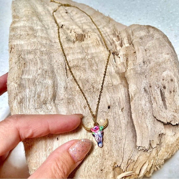 Horn/floral skull candy boho rustic gold necklace southwestern equestrian vibe - Picture 6 of 12